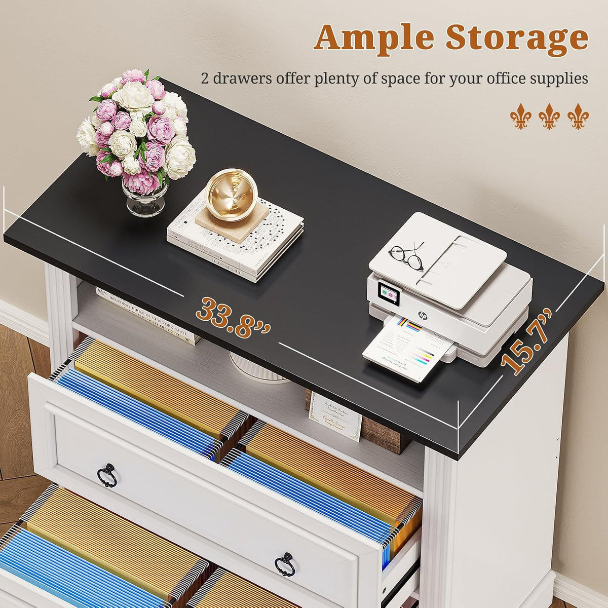 Itaar 2 Drawer File Cabinet, Farmhouse Filing Cabinet for Home Office Fits Letter, Legal, A4 Size, Wood Lateral File Cabinet with Printer Stand, Storage Shelf, White