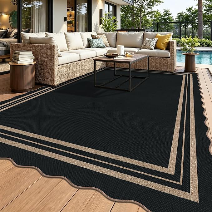 Scalloped Easy Jute Outdoor 8x10 Area Rug, Washable Outdoor Patio Rug,