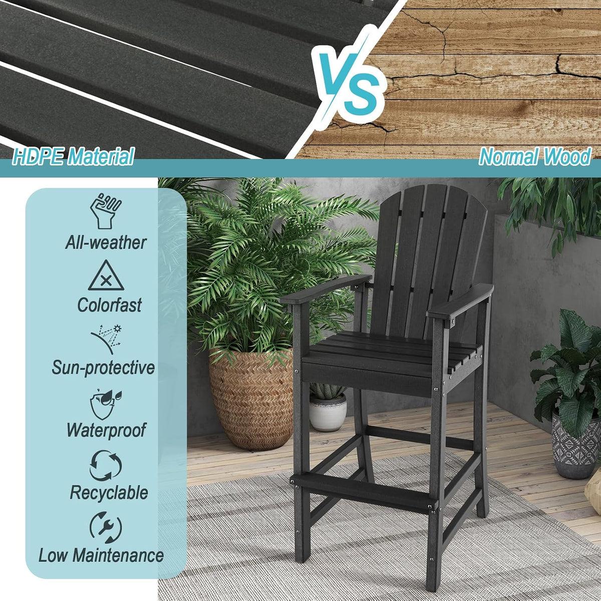 GIANTEX Outdoor HDPE Bar Stool, Tall Adirondack Chair with Armrests and Footrest, 30 Inches Counter Height Bar Stool for Garden, Backyard, Weather Resistance, Easy Maintenance (1, Black)