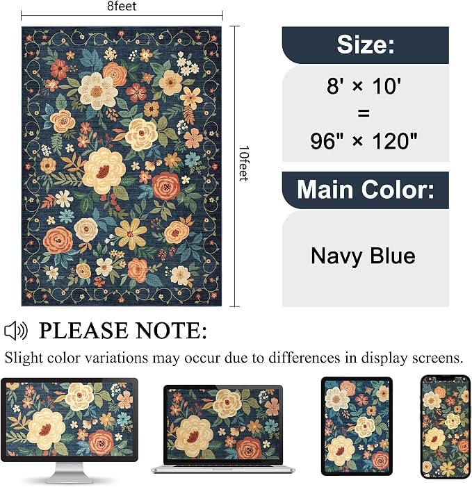 DUKINO 8x10 Area Rug, Floral Rugs