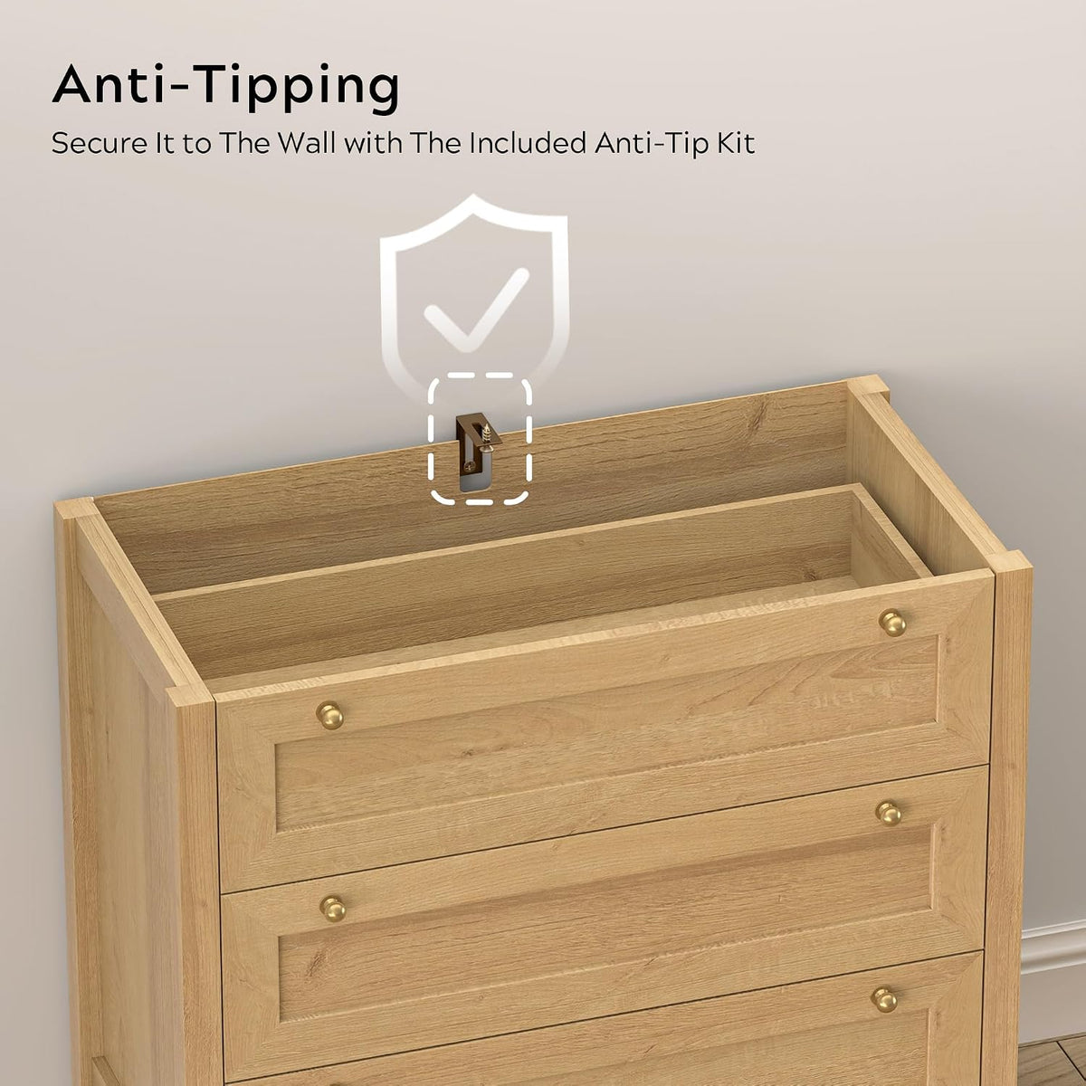 3 Drawers Dresser for Bedroom, Farmhouse Closet Storage Organizer with Golden Handles, Wooden Nightstand End Table for Living Room, Bedroom, Entryway, Hallway, Natural Oak