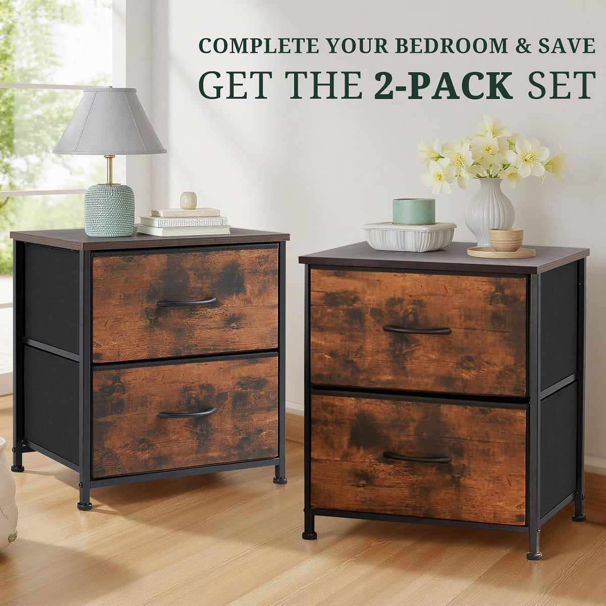 Nightstand Set of 2 Small 2 Drawer Dresser End Table Bedside Furniture