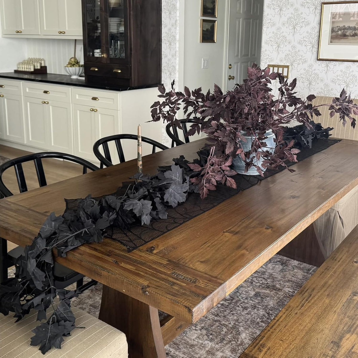 CQURE Black Maple Leaf Garland, 12PCS Halloween Garland Maple Leaves Fall Leaves Hanging Vines Halloween Thanksgiving Decor for Home Table Front Porch