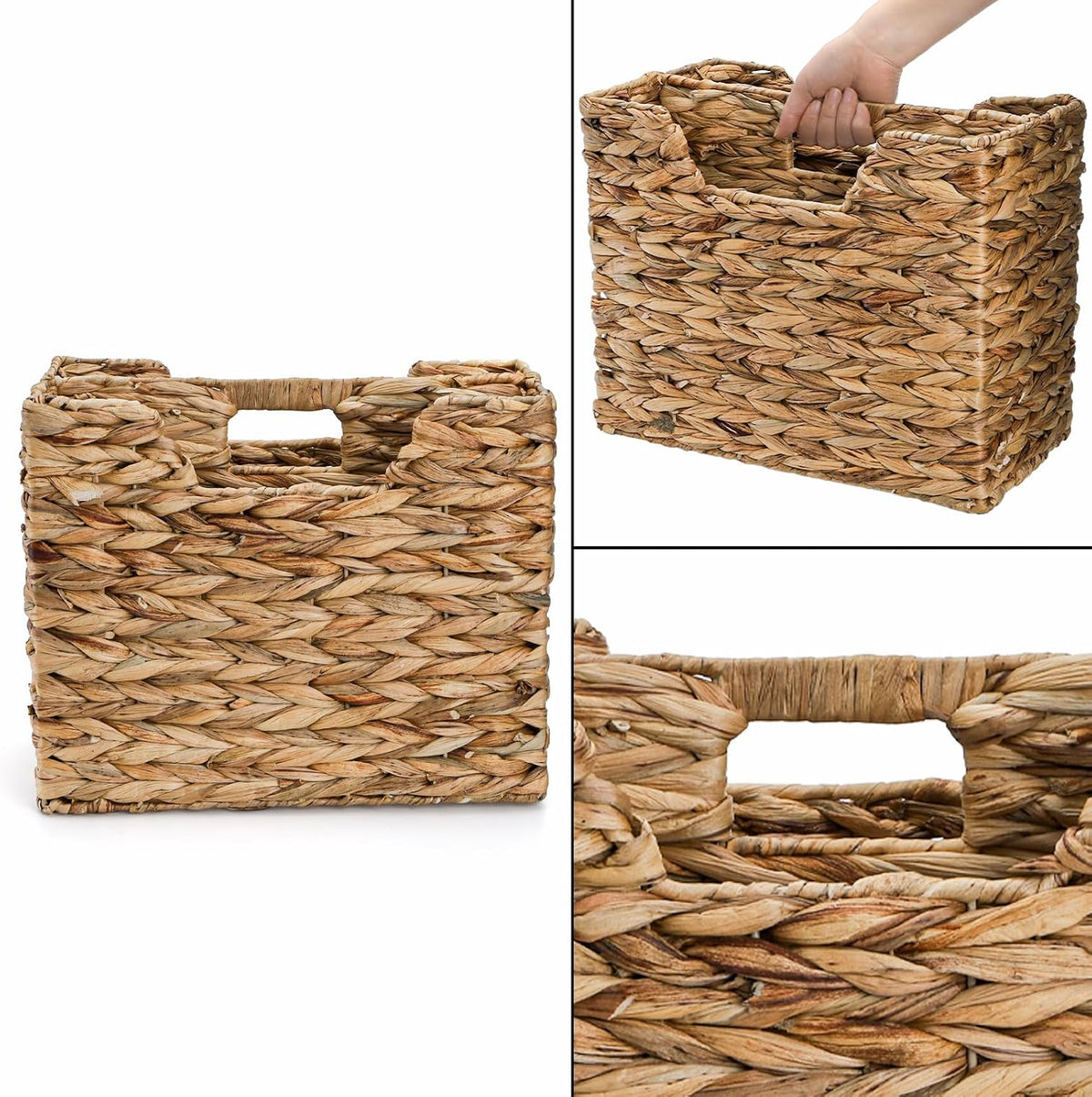 Yesland Hand-Woven Magazine Basket 14.5"x8"x11.75" - Natural Water Hyacinth Wicker Storage Organizer with Handle, 2 Compartments for Home Office Desk
