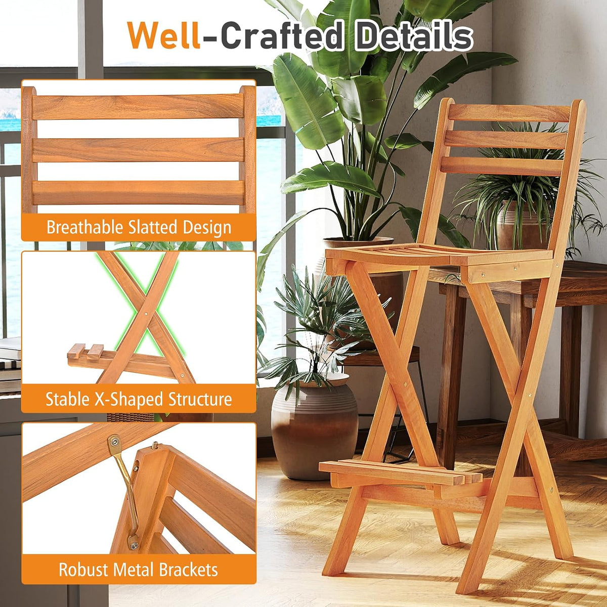 Tangkula Patio Folding Barstool, Outdoor Portable High Top Acacia Wood Bar Height Chair with Backrest & Footrest,for Backyard, Garden, Front Porch (1)