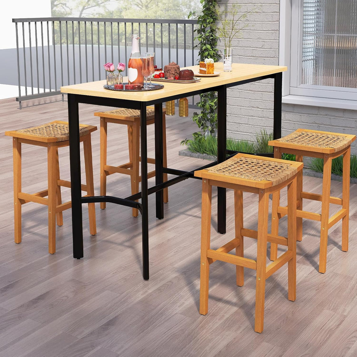 Giantex Outdoor Wooden Bar Stools Set of 4, 29" Backless Patio Barstools with PE Rattan Saddle Seat & Footrest, Solid Acacia Wood Bar Height Stools for Porch, Garden, Backyard, Poolside, Armless