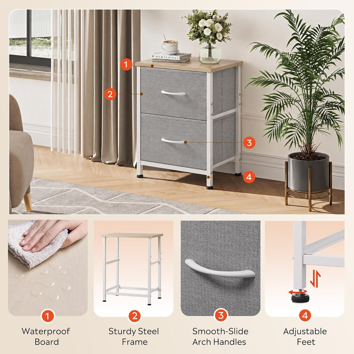 WLIVE Night Stand, Gray Nightstand with 2 Fabric Drawers, Small Dresser for Bedroom, Closet, College Dorm, End Table Side Furniture, Wood Top, Light Grey