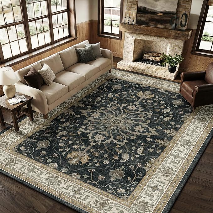 RELEANY Area Rugs Large 9'x12' Washable Non-Slip, Floral Vintage Distress