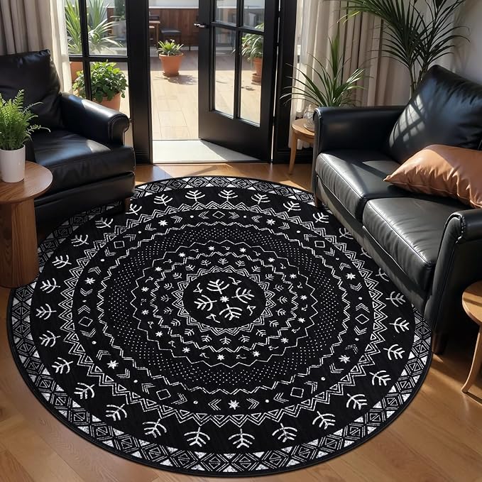 SERISSA Round Area Rug, 4ft Washable Non-Slip Black and White Boho Circle Rug