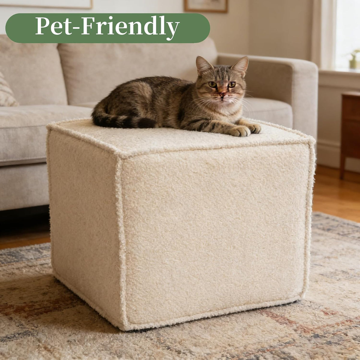 Square Ottoman Foot Rest,Small Pouf for Couch - Boucle Upholstered Foot Stools Applicable to Living Room & Bedroom & Dorm - Compressed Ottomans,Beige