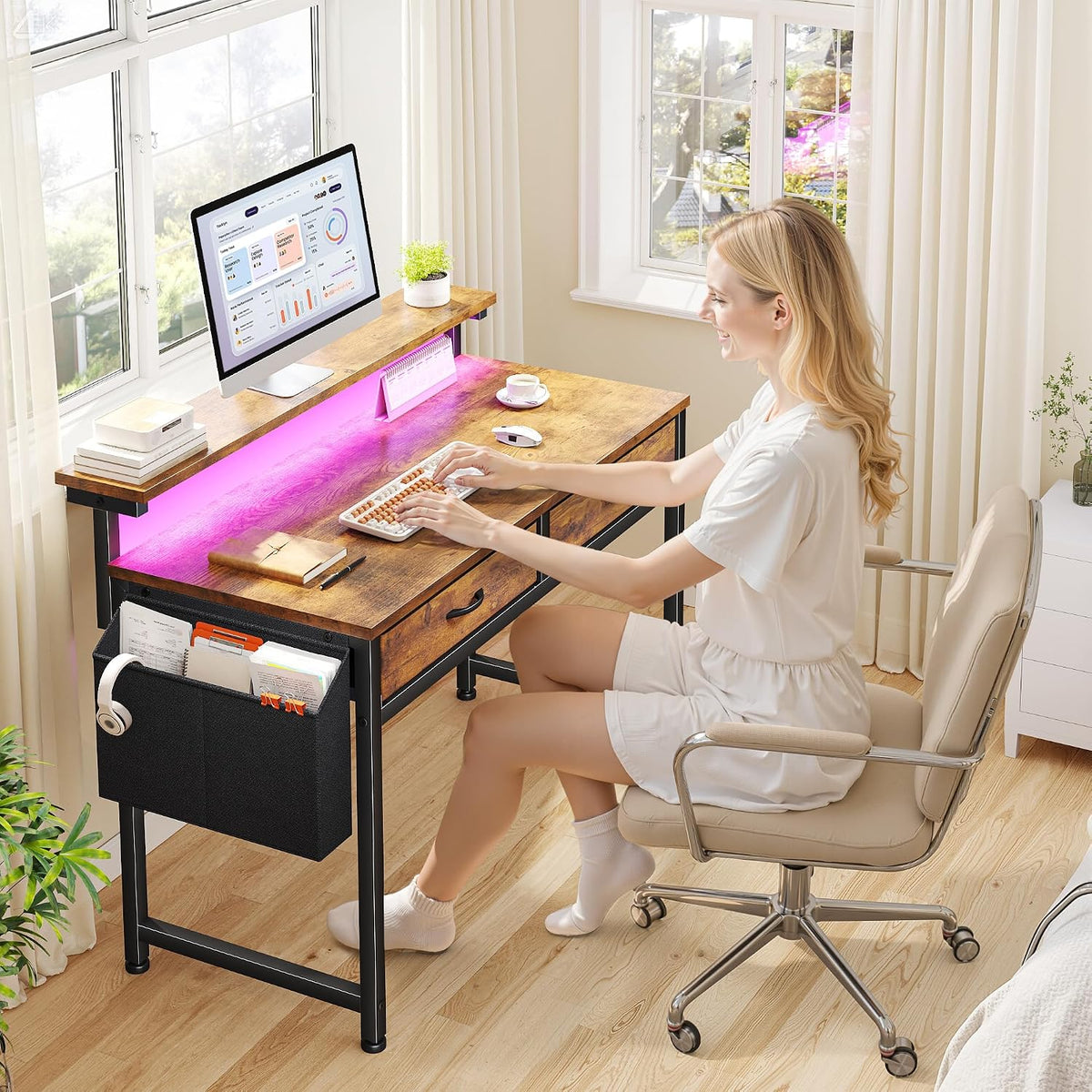 DurayLoly Gaming Desk with 2 Drawers &LED Lights,Space Saving,Rustic Brown
