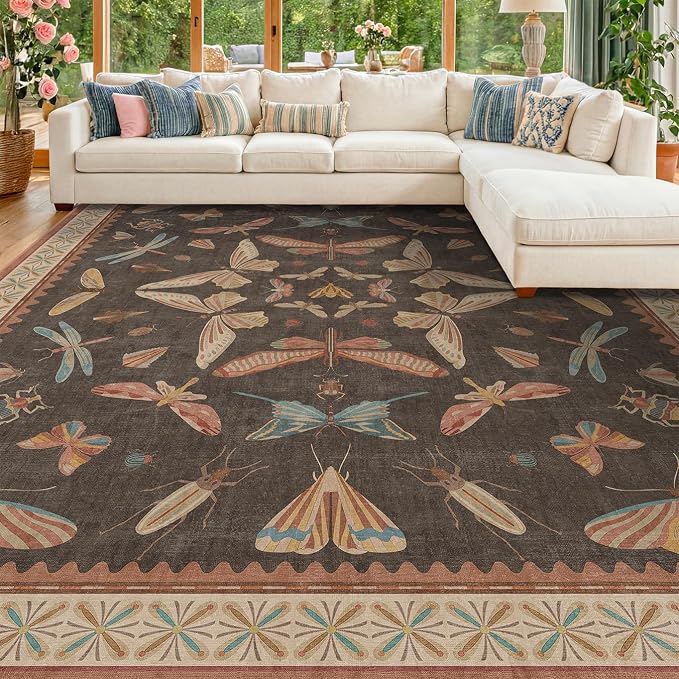 Brown Large 8x10 Living Room Area Rug, Unique Washable Insect Rugs