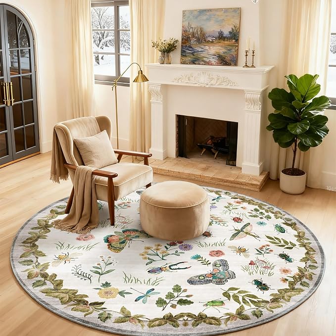 Washable Round Rugs for Bedroom 4ft: Living Room Rug Stain Resistant Non Slip