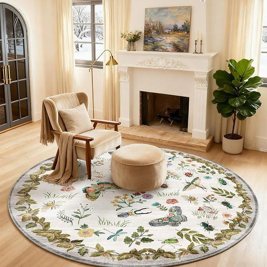 Washable Round Rugs for Bedroom 4ft: Living Room Rug Stain Resistant Non Slip