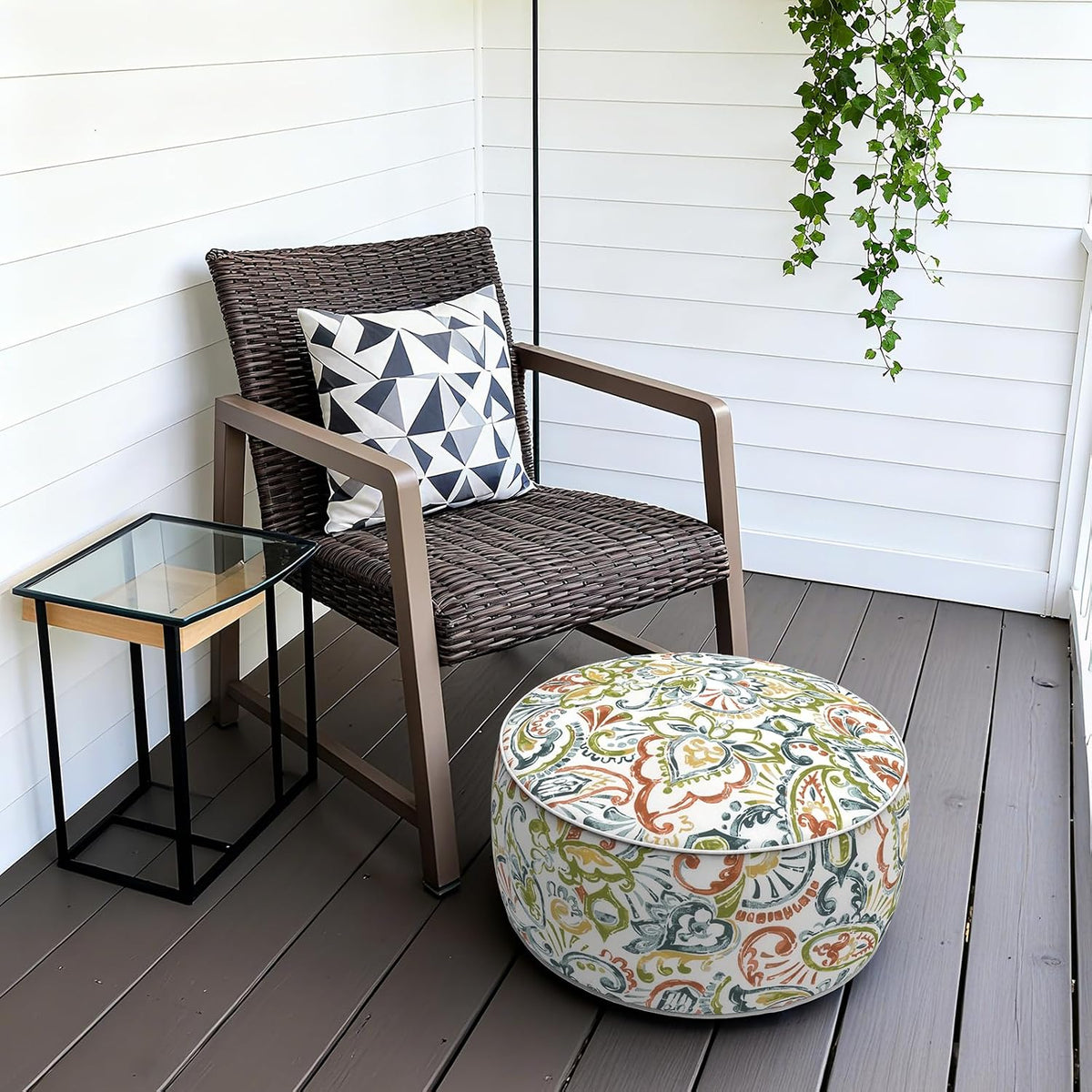 Outdoor Patio Inflatable Ottoman, 21x9 Inch Portable Stool Ottoman with Handle, Round Footrest Stool for Home Garden Camping, Paisley Botanical