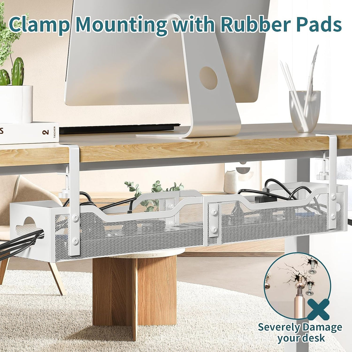 Under Desk Cable Management Tray White, Litwaro Cable Management Under Desk No Drill, 25'' Cable Tray with Clamp for Wire Management, Cord Organizer for Office, Home - No Damage to Table