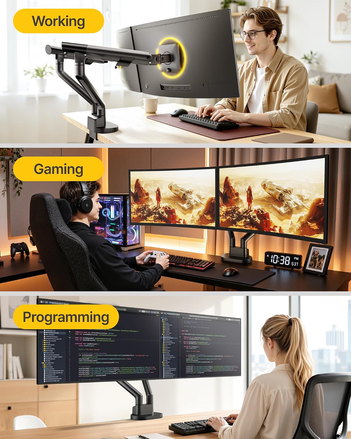 monTEK Aluminum Dual Monitor Arm for 17-40" Screens, 24.3 lbs Each, Black