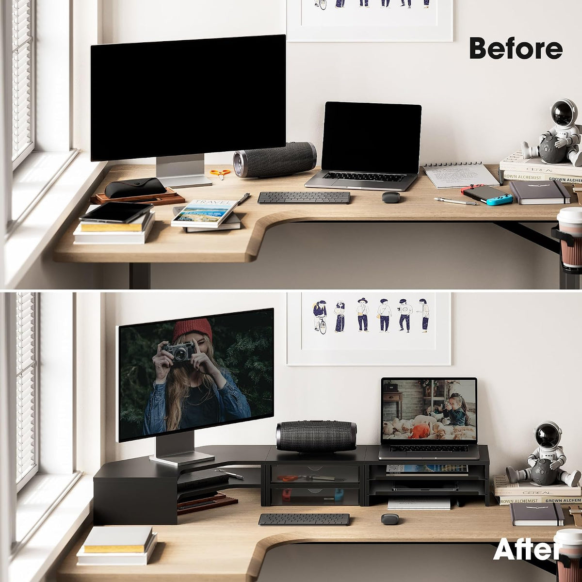 Fenge Dual Monitor Stand, Corner Desk Shelf with Drawer & Slide-Out Tray