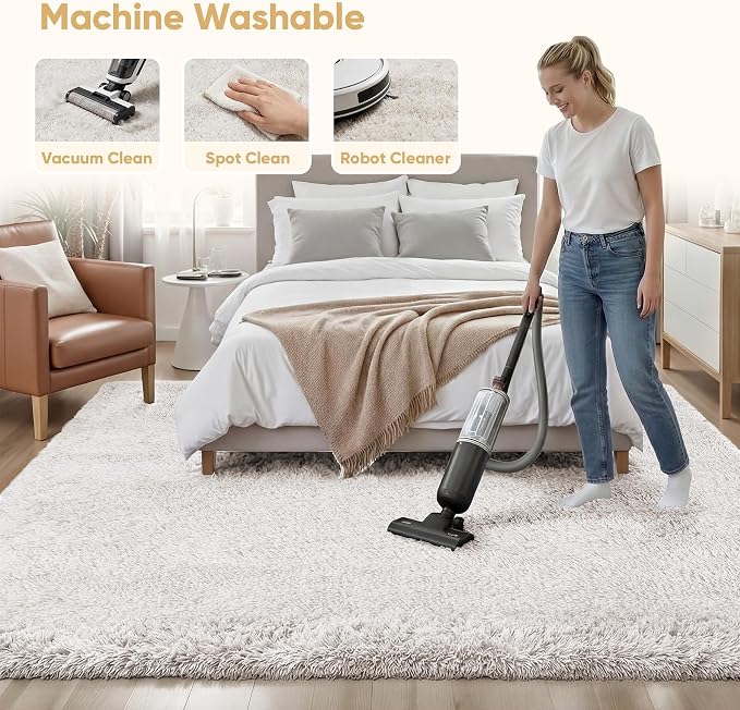 8x10 Area Rugs for Living Room Bedroom: White Soft Fluffy Shag Upgrade Non-Slip