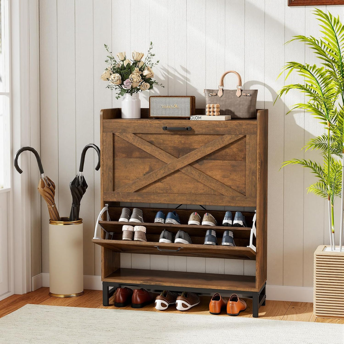 Miereirl Rustic Farmhouse Shoe Cabinet with 2 Flip Drawers, Narrow Entryway Shoe Storage Organizer for 12–16 Pairs, Space-Saving Hallway Shoe Rack with Metal Frame & Top Shelf for Bags & Decor