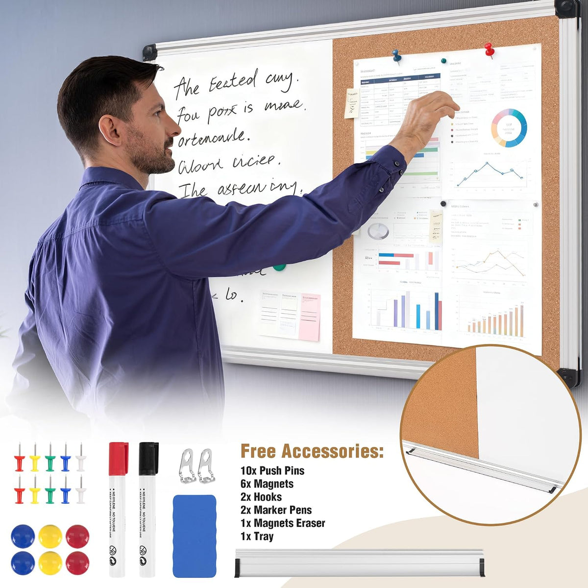 White Board and Cork Board Combo 36" x 24" Aluminum Frame