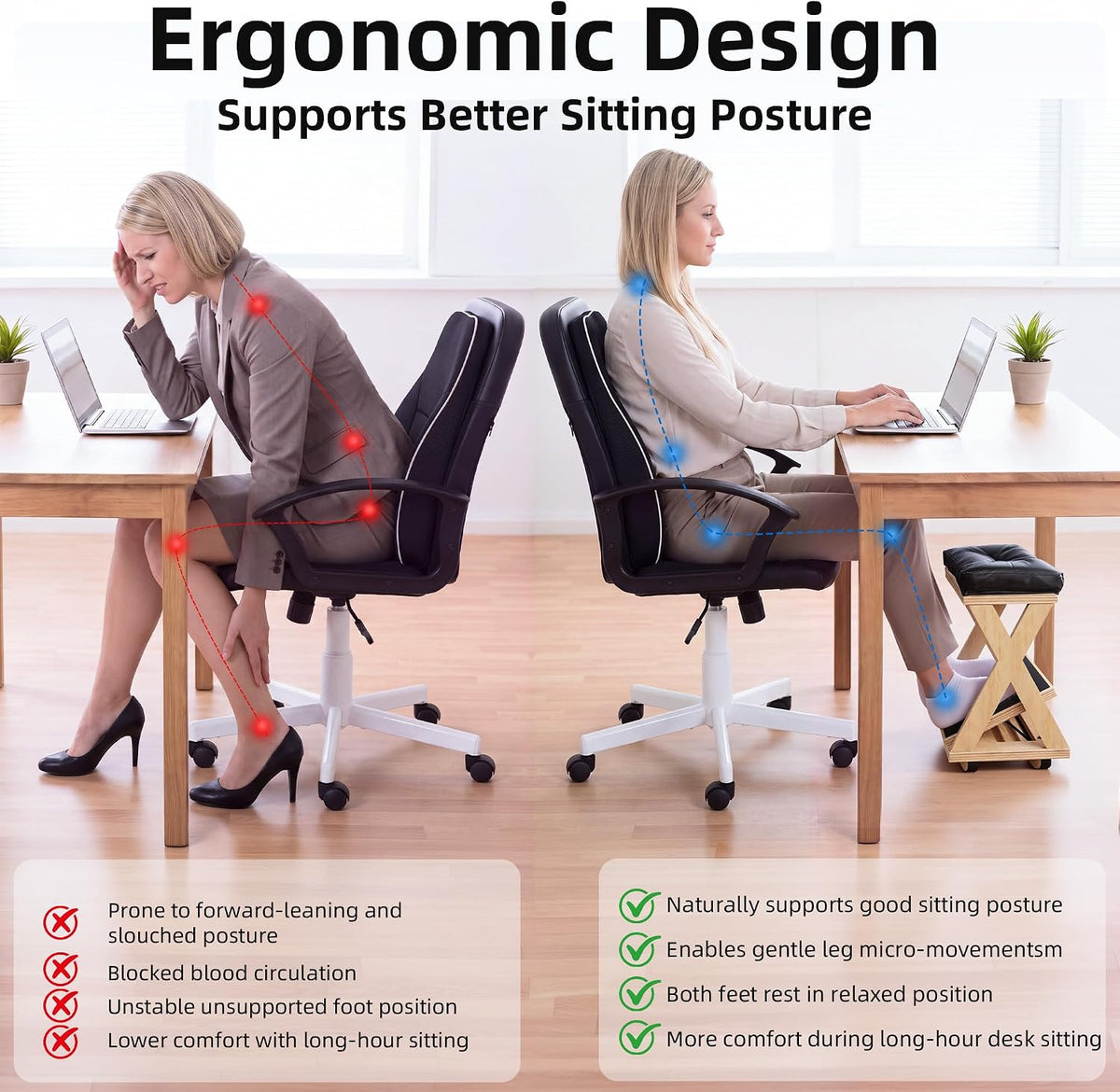 Under Desk Adjustable Footrest, Wood Rocking Footrest, Non-Slip