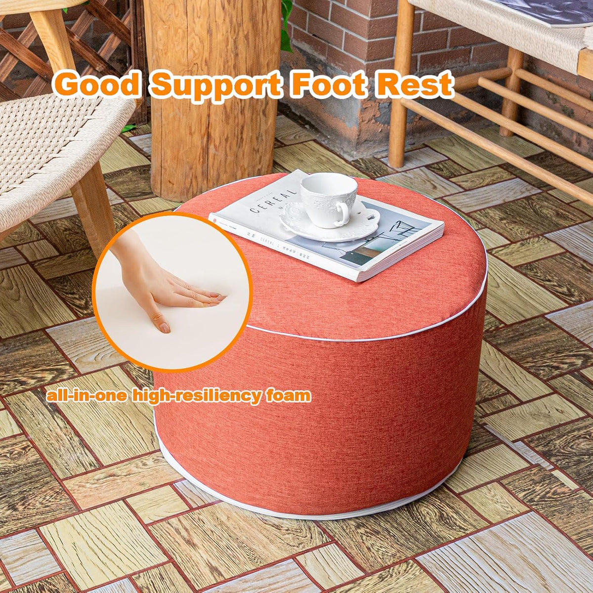 Outdoor Ottomans for Patio Pouf Waterproof Fade-Resistant Ottoman Foot Rest for Outdoor - Ottoman Chair Filled with High-Density All-in-One Foam, 20"D x 14"H Inches (Burnt Orange, Round)