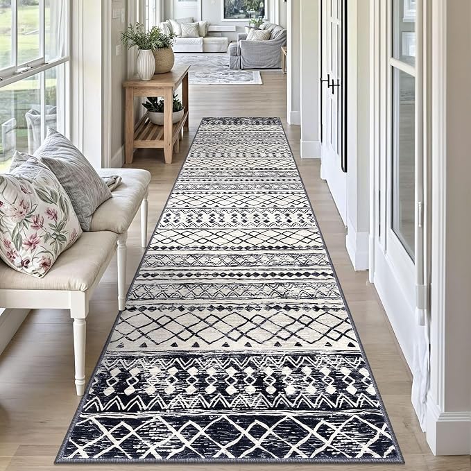 KUTA Moroccan Washable Runner Rug, 2.6x10 Non-Slip Vintage Black Navy Blue Boho