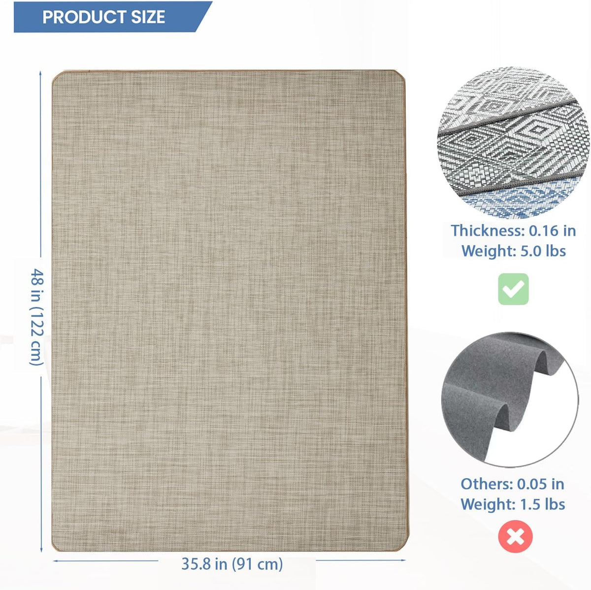 Chair Mat for Hardwood Floor, 36" x 48" Heavy Duty Office Chair Mat for Rolling Chairs, Anti Slip, Non-Curve, Floor Protector for Home Office, Ivory Linen Weave