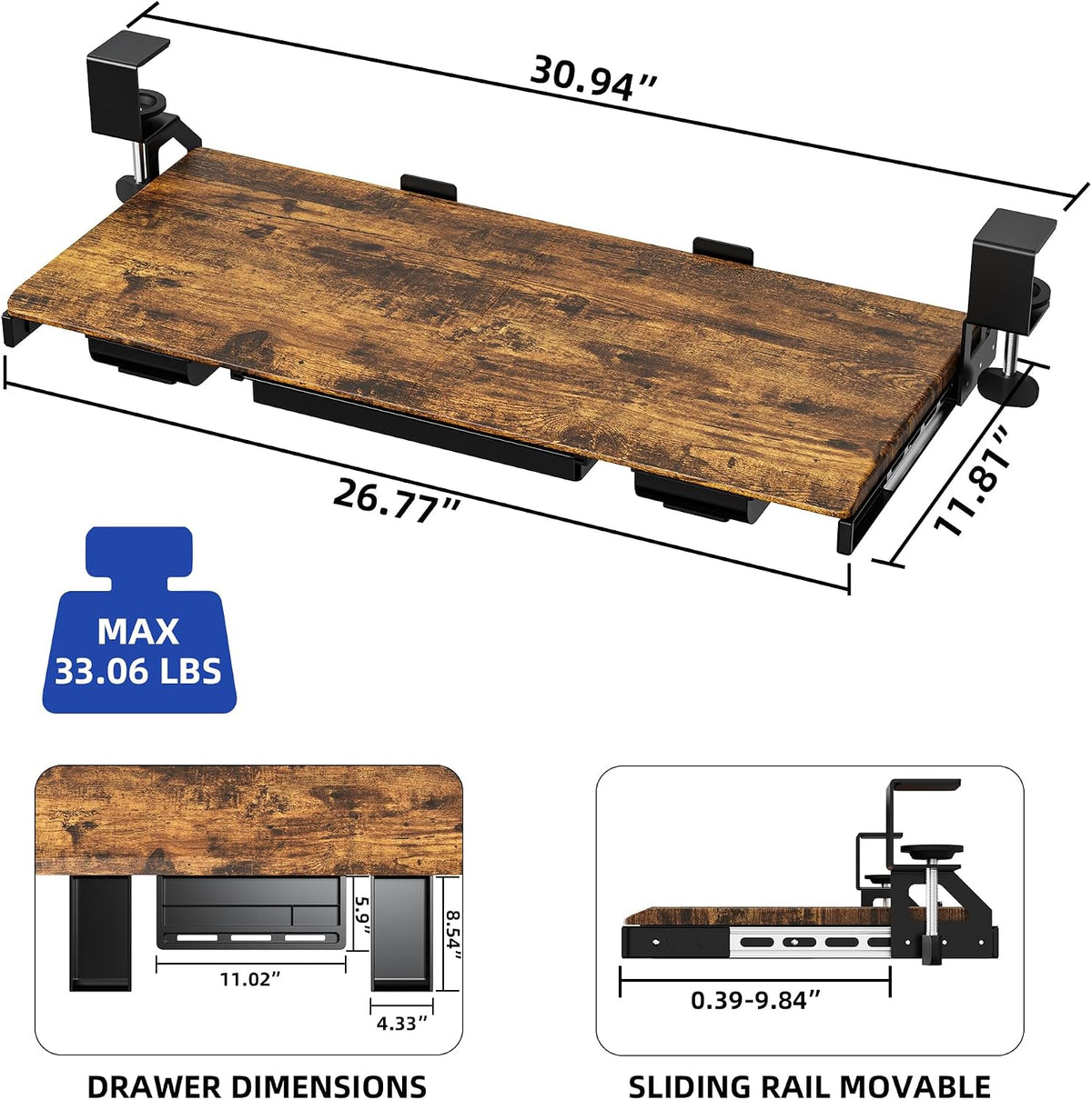 ETHU Under Desk Keyboard Tray with Metal Slide Rail, 26.8x11.8", Walnut