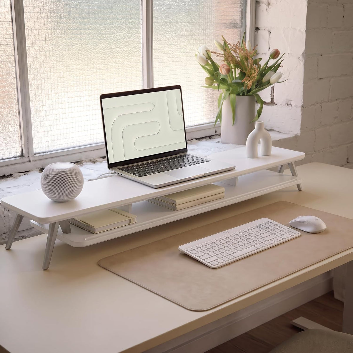Fenge Dual Monitor Stand Riser, Wooden Desk Shelf with 2-Tier Storage