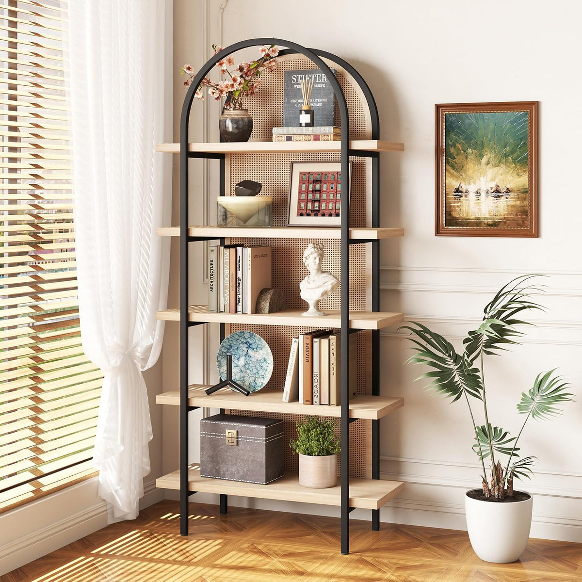 Yusong Bookshelf Rattan 5 Tier Arched Bookcase, 74" Tall Industrial Open Book Shelves for Living Room, Modern Freestanding Display Shelving Boho Storage Rack with Metal Frame for Office, Brown
