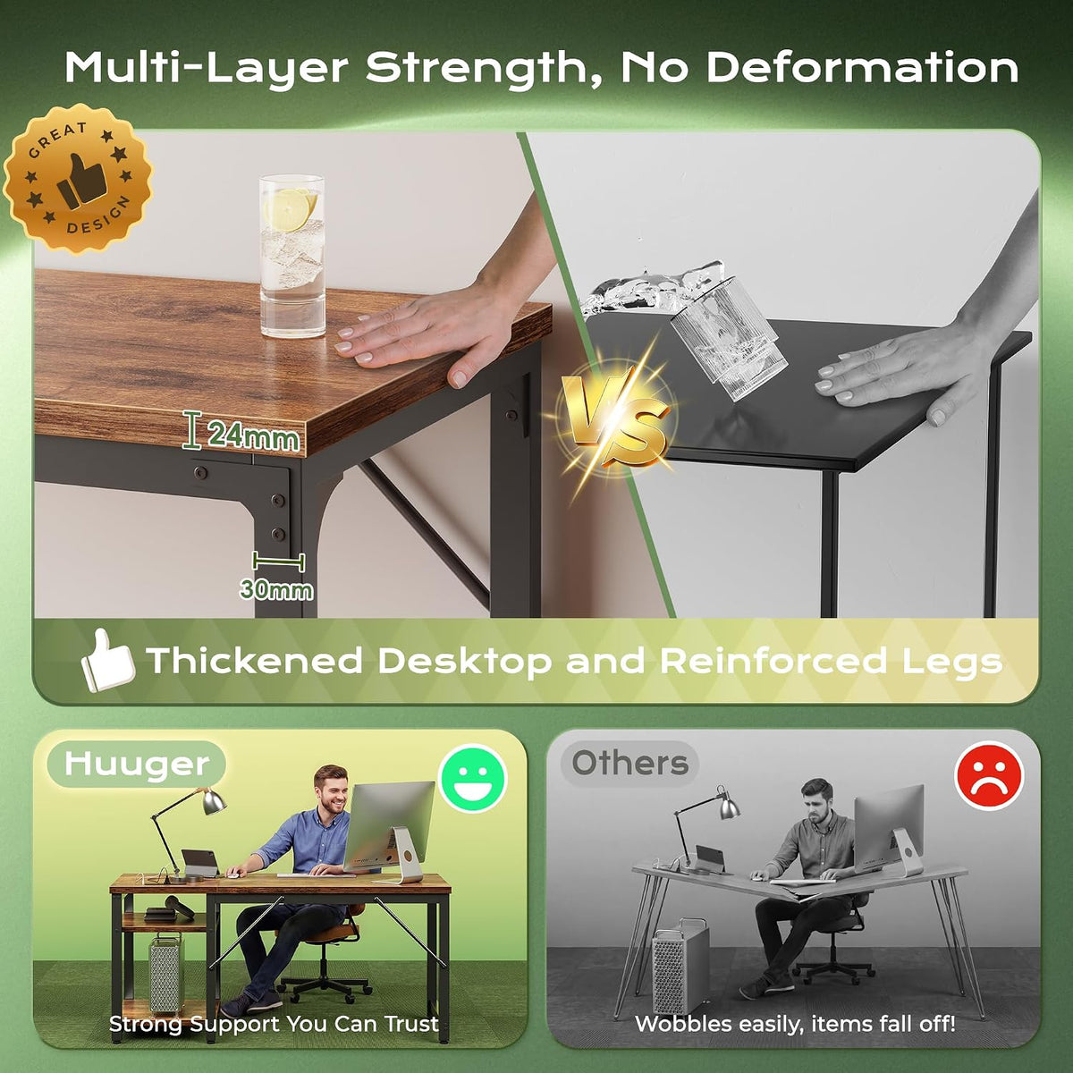 Huuger 55'' x 19.7'' Computer Desk with Power Outlets, 0.95'' Thick Desktop