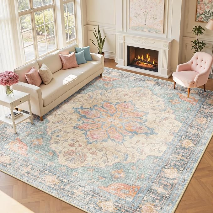 RELEANY Area Rugs Large 10'x12' Washable Non-Slip, Floral Vintage Distress