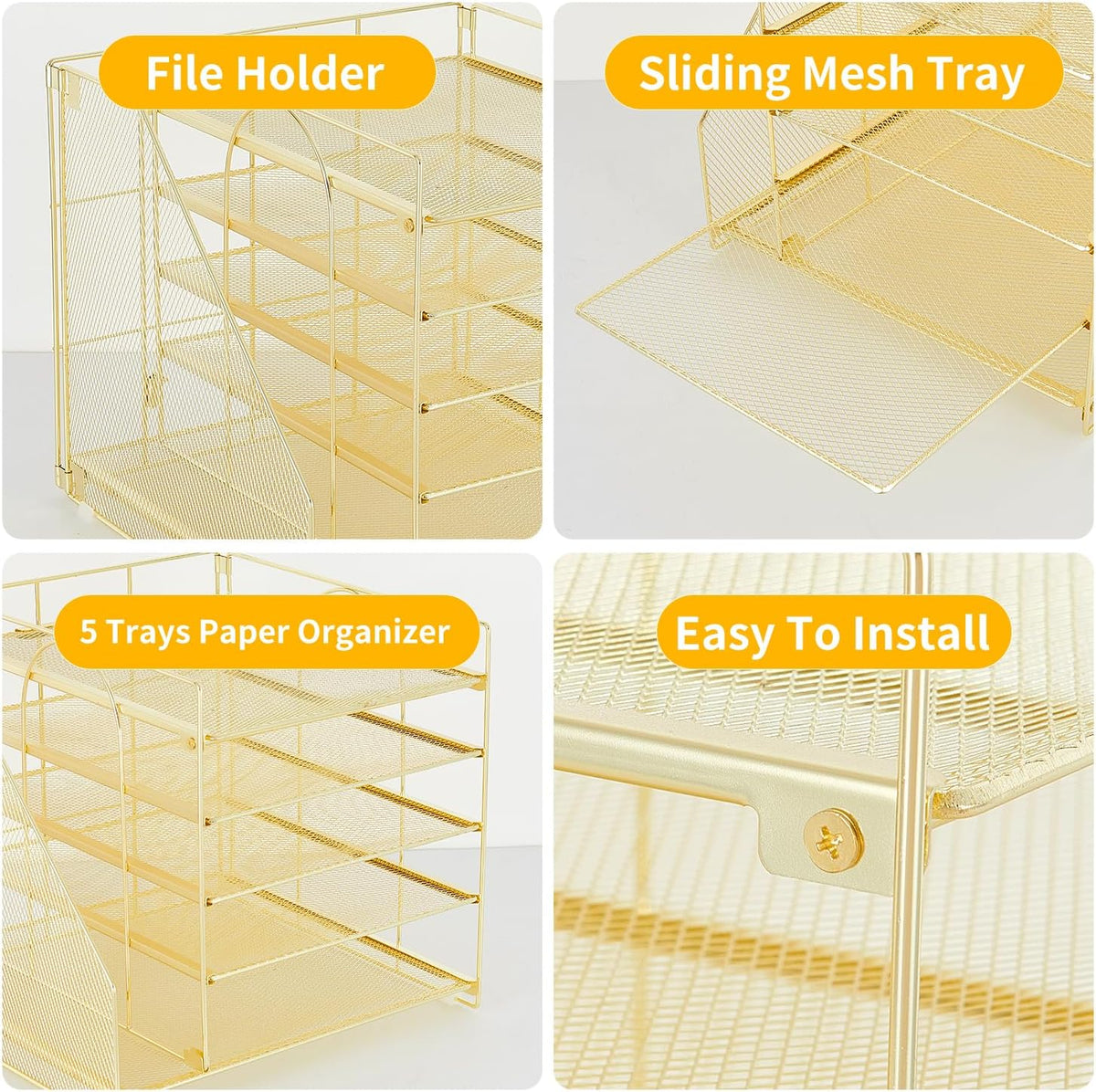 LEKETREE Desk Organizers and Accessories, 5-Tier Paper Letter Tray Organizer with File Holder, Desktop Organizer for Office Supplies (Gold)