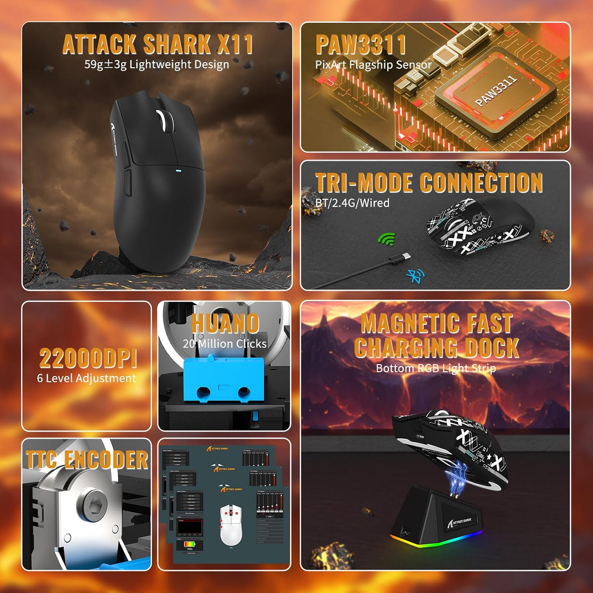 ATTACK SHARK X11&X60HE Mechanical Wireless Gaming Combo,Rapid Trigger Magnetic Switches 8K Keyboard,59g Ultra-Light Mouse with Charging Dock, 22K DPI,PAW3311,RGB Backlit 3-Mode with Coiled Cable-Black