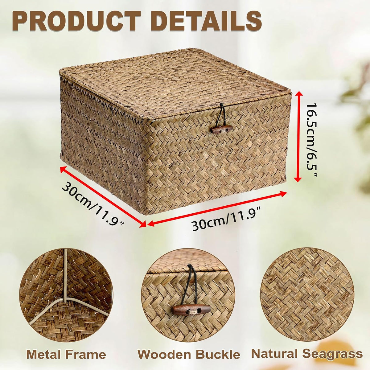Hipiwe Seagrass Wicker Storage Basket Bin Boxes with Lid, Coffee, X-Large