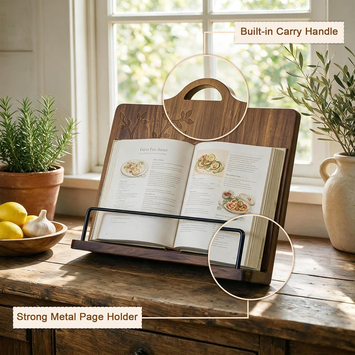 Acacia Wood Cookbook Stand for Kitchen Counter - Wooden Recipe Book Holder