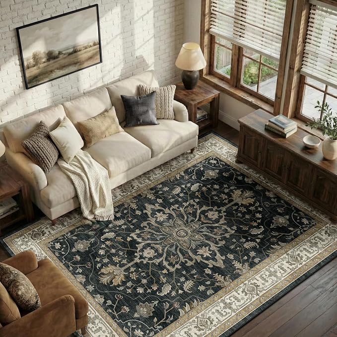 RELEANY Area Rugs 5'x7' Washable Non-Slip, Floral Vintage Distress Medallion