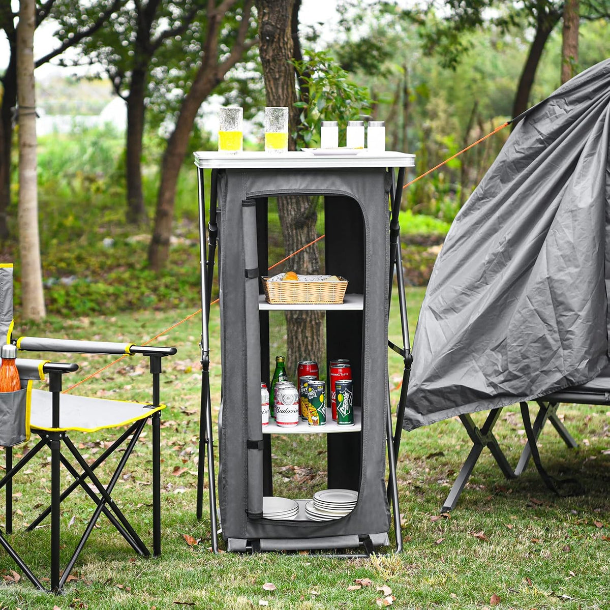 GIANTEX Folding Camping Storage Cabinet with 3 Shelves and Carry Bag, Portable Outdoor Organizer Kitchen Table, Quick Set-up for BBQ, Picnic, Backyard, Compact Pop-Up Cupboard, 47''H