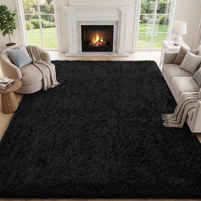 Area Rug for Living Room Bedroom: 6x9 Black Soft Fluffy Shag Upgrade Non-Slip