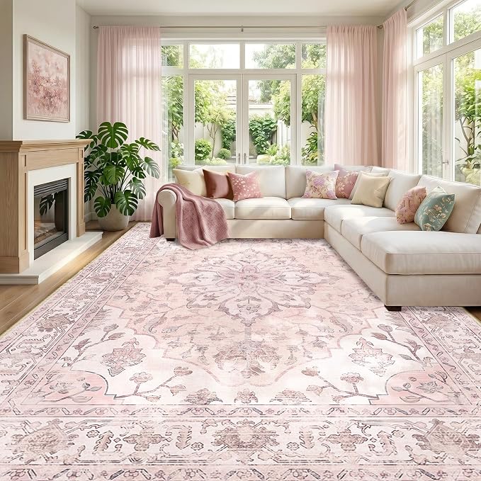 RELEANY Area Rugs Large 10'x12' Washable Non-Slip, Floral Vintage Distress