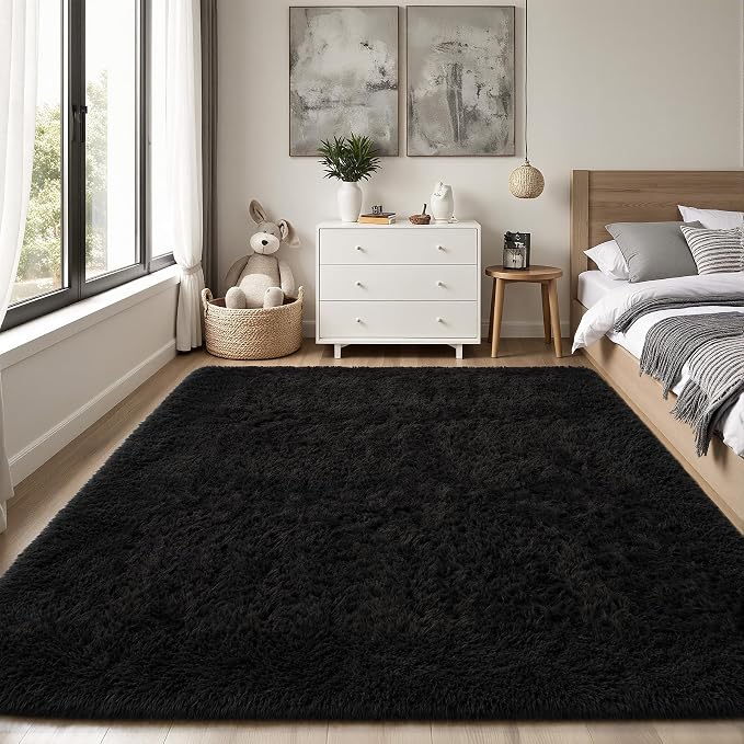 Area Rug for Living Room Bedroom: 5x7 Black Soft Fluffy Shag Upgrade Non-Slip