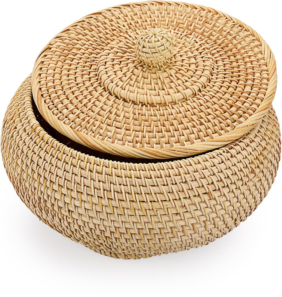 Hipiwe Round Rattan Basket Box with Lid Small Hand-Woven Wicker Basket Bin