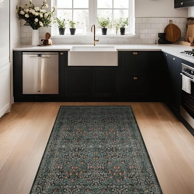 Dark Green Washable 3x6 Runner Rug