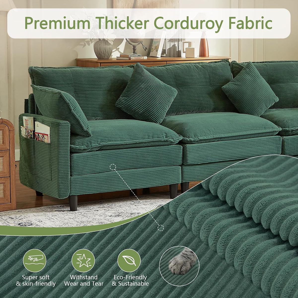Match Ottoman Only for Cloud Modular Sectional Couch Sectional, Corduroy Footstool Extension for Sectional Sofa, Modern Soft Comfy Ottoman Cushioned Footrest for Living Room, Green