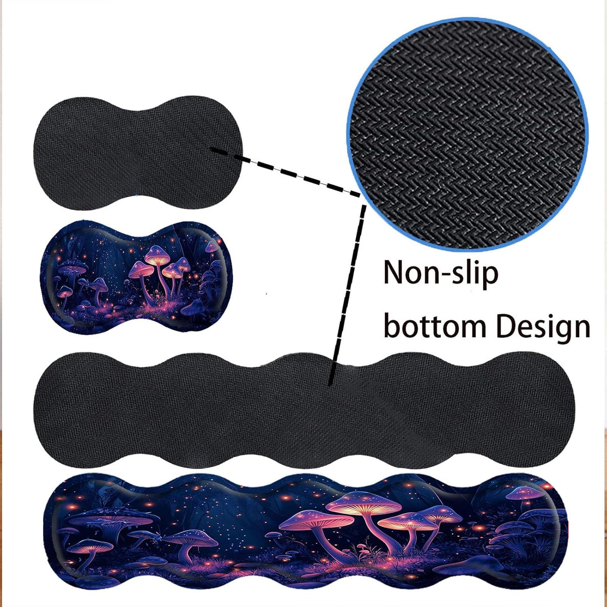 Keyboard Mouse Pad Set,Large Desk Pad+Keyboard Wrist Rest+Mouse Wrist Support+Coaster,Easy Typing Pain Relief Non-Slip Wrist Support Mousepad Set Home Office,Glowing Mushrooms