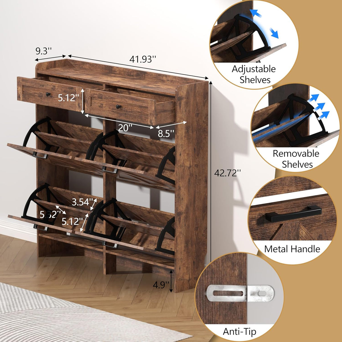 Thacuok Shoe Cabinet with 4 Flip Drawers & 2 Storage Drawers, Rustic Farmhouse Narrow Shoe Organizer Cabinet, Slim Shoe Rack Cabinet, Shoe Storage Cabinet for Entryway, Hallway, Front Door