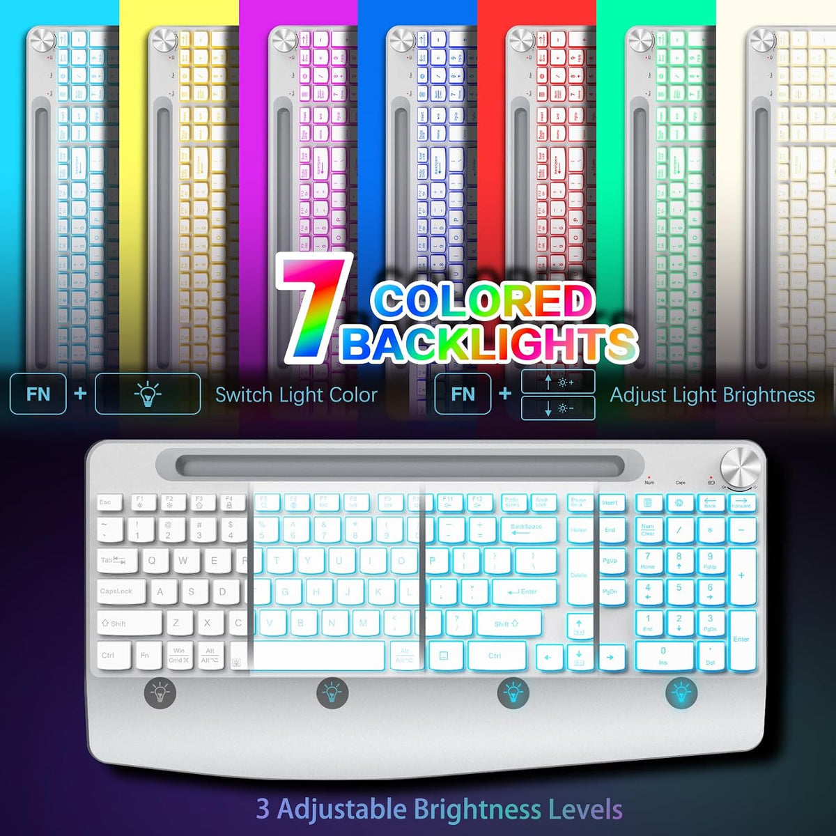 GAMCATZ Wireless Keyboard and Mouse Backlits - Full-Sized Ergonomic Lighted Keyboard with Wrist Rest, Phone Holder,2.4GHz Rechargeable Silent Keyboard Mouse Combo for Computer, Laptop, PC, Mac -White