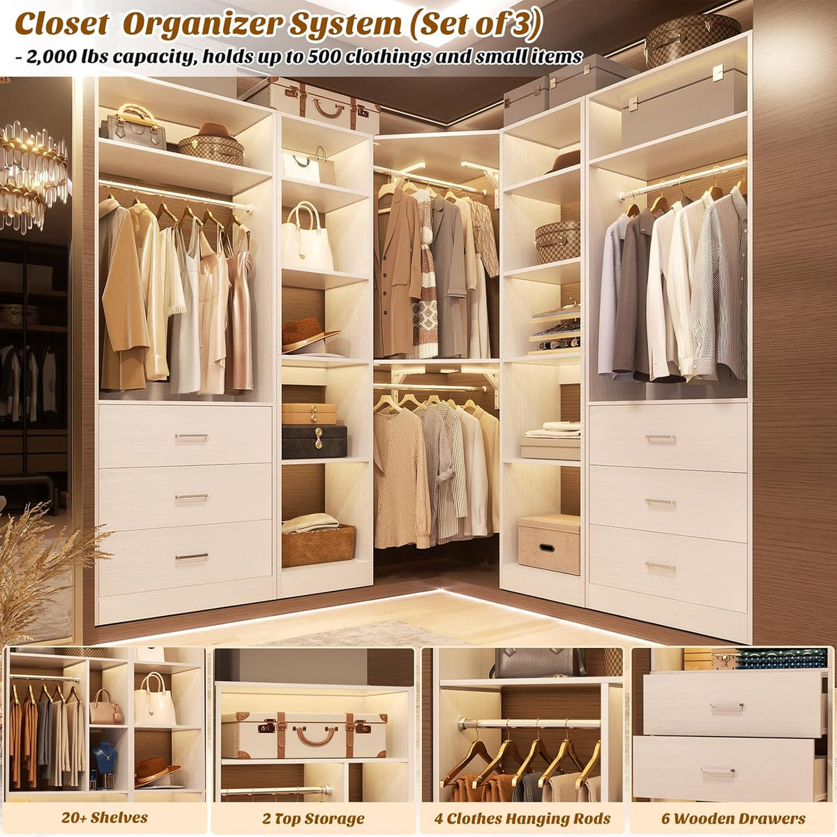 Besiost Corner Closet System with 6 Drawers, Corner Closet Organizer System